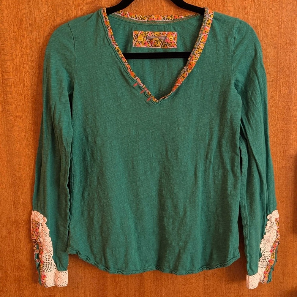 Anthropologie Teal Boho Long Sleeve Blouse with Lace Trim